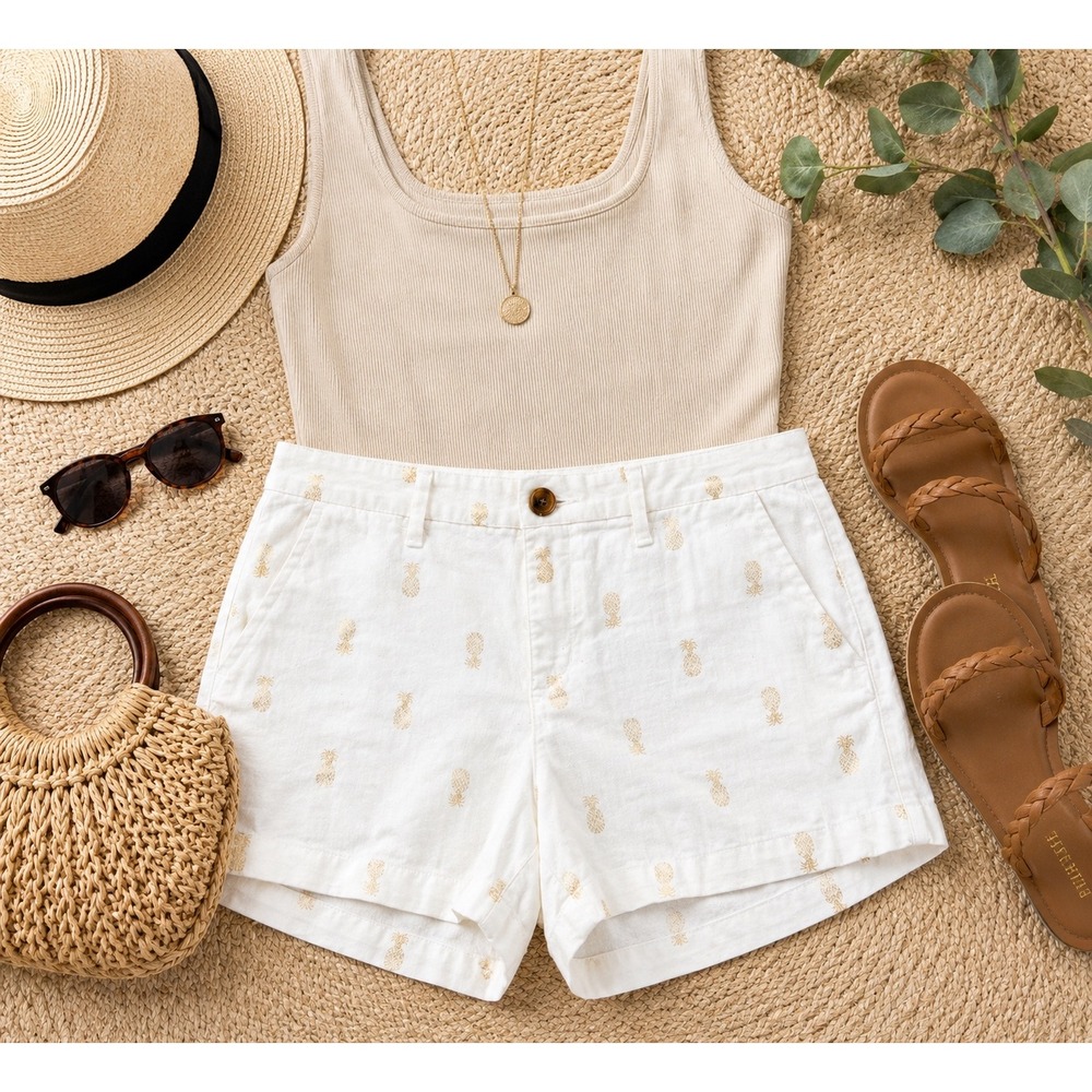 Gold Pineapple Linen Blend Shorts Coastal Vacation Resort Women 4 Preppy Beachy